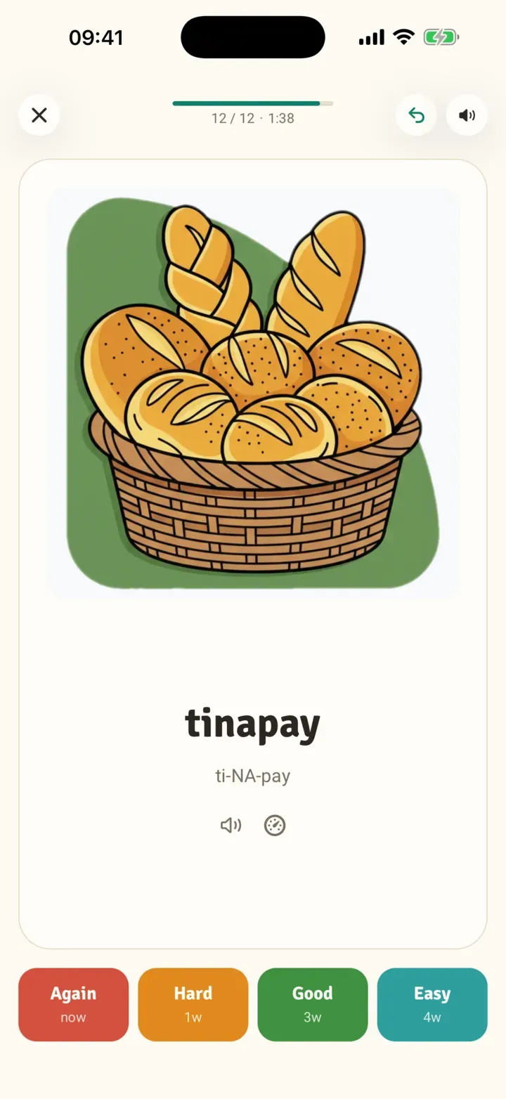 TagalogNow illustrated flashcard with spaced-repetition grading buttons