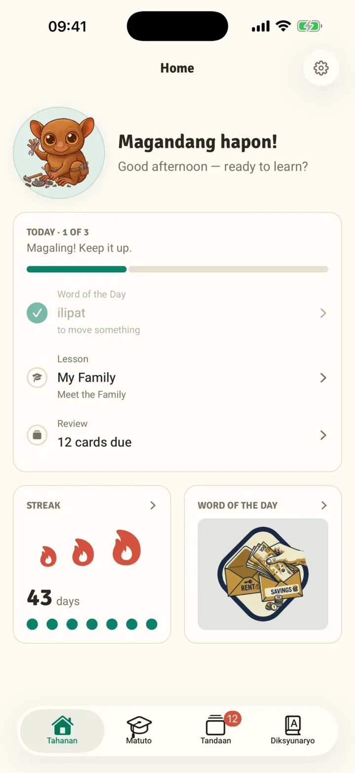 TagalogNow home screen with daily goals, streak, and Word of the Day