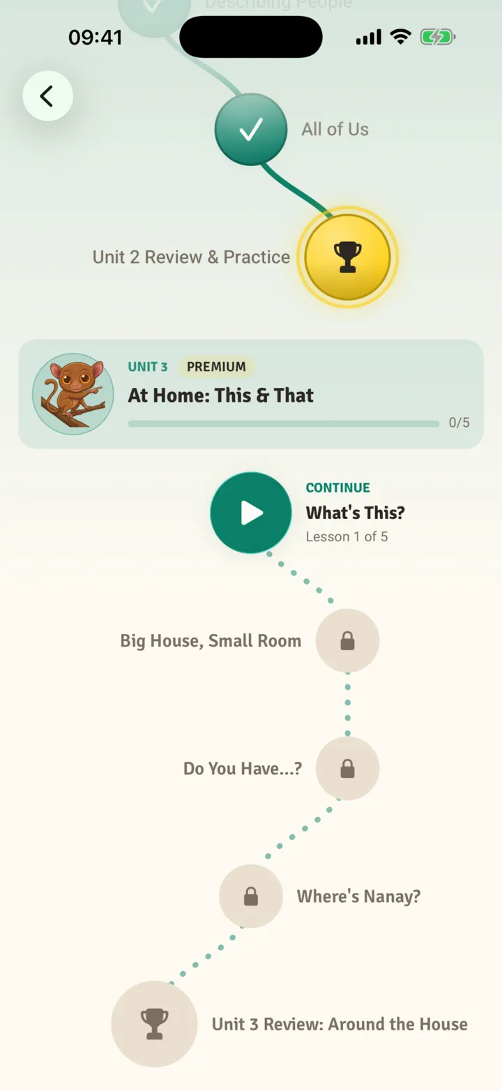 TagalogNow lesson path showing completed lessons and the next step