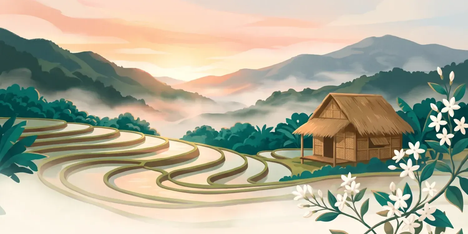 Painterly illustration of a bahay kubo among rice terraces at sunrise