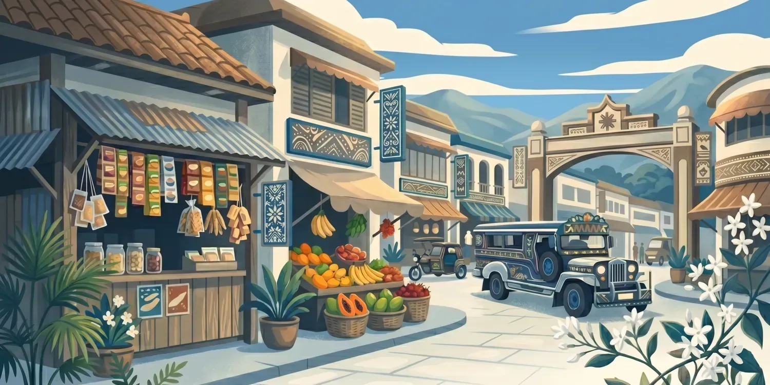 Painterly illustration of a street with a sari-sari store and a jeepney