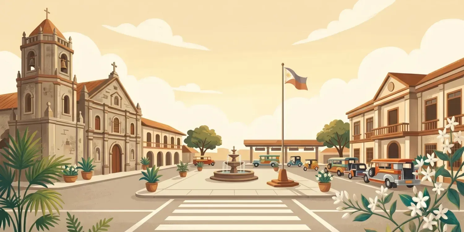 Painterly illustration of a town plaza with a church and jeepney terminal