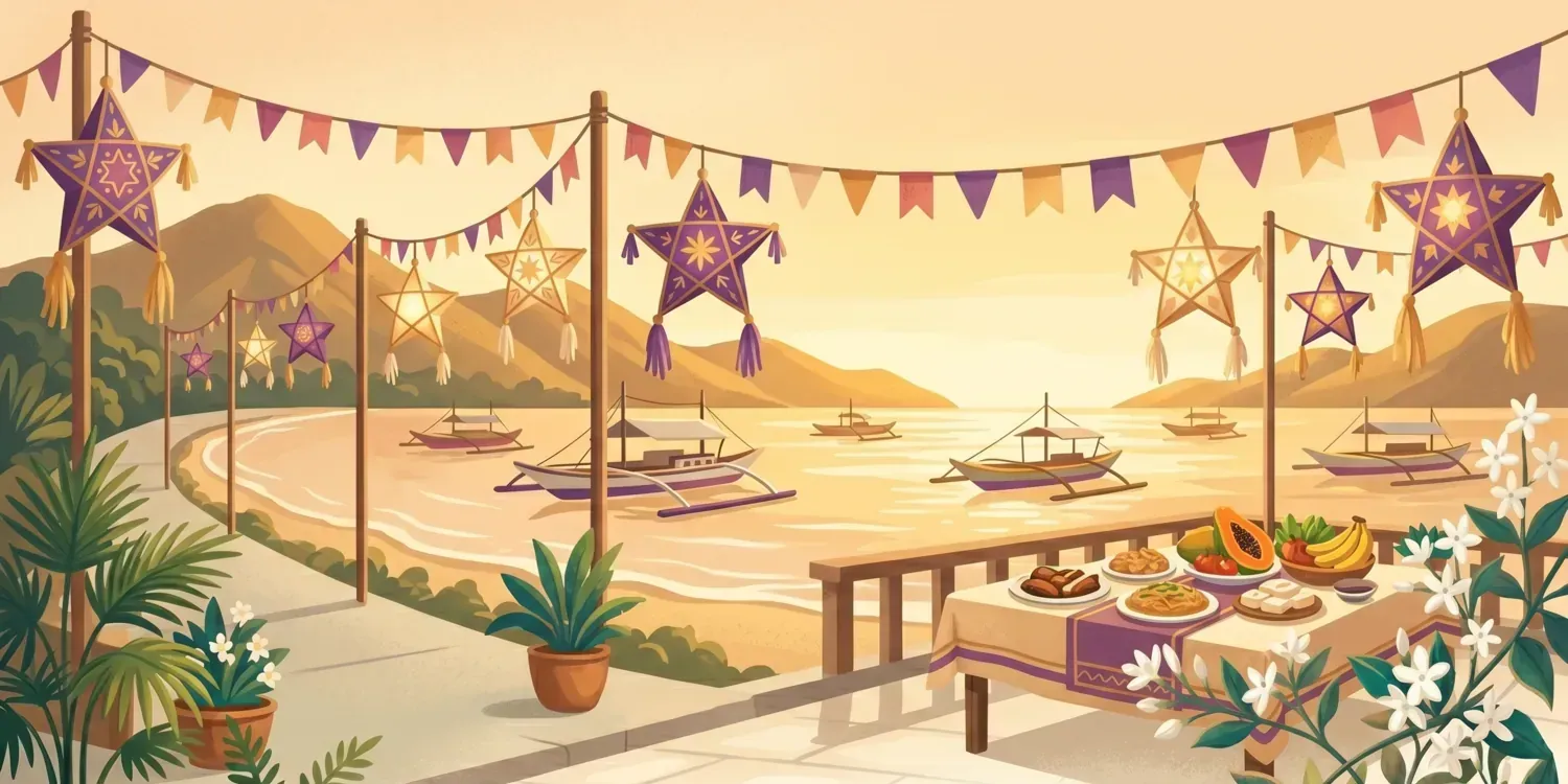 Painterly illustration of a coastal fiesta with parol lanterns and banderitas