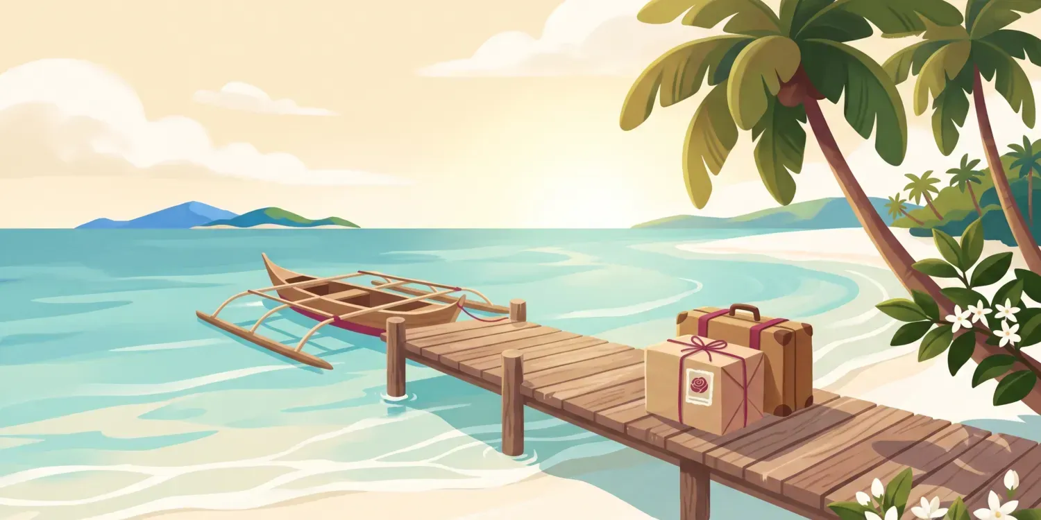 Painterly illustration of a banca boat at a pier with a balikbayan box
