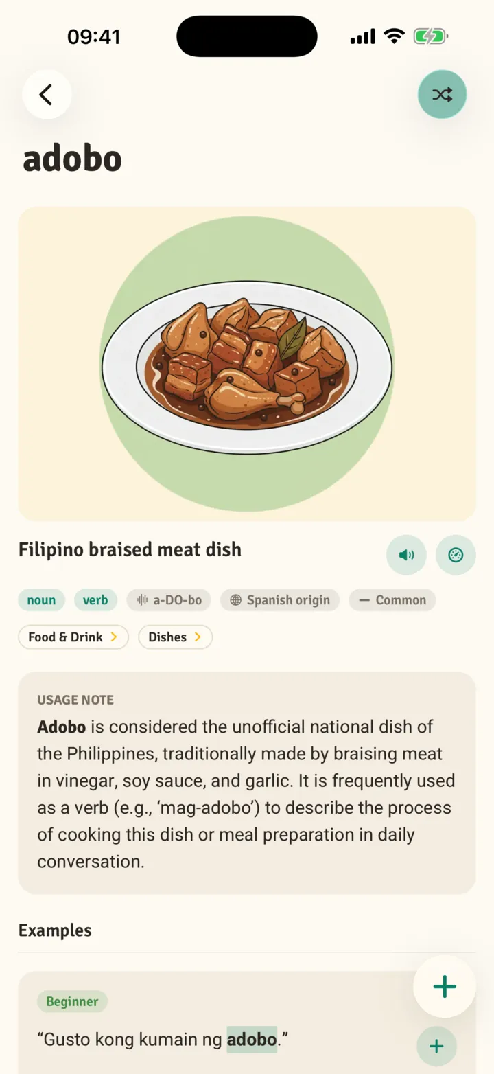 TagalogNow dictionary entry with audio button and tiered example sentences