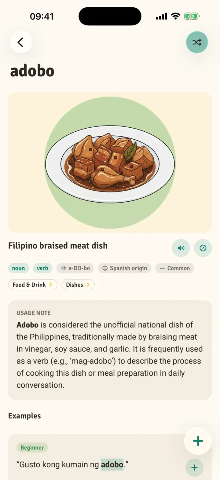 TagalogNow dictionary entry with audio button and tiered example sentences